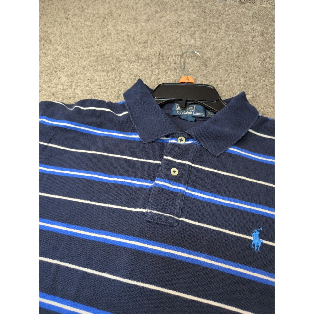 Polo Ralph Lauren Mens‎ XL Navy Blue Striped Short Sleeve Cotton Polo Shirt